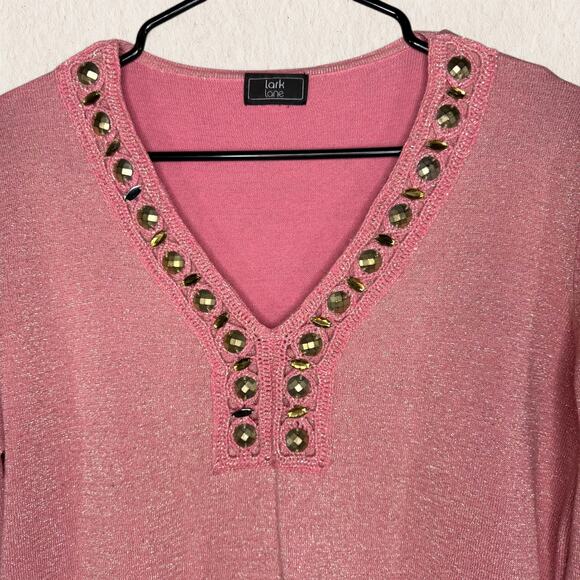 Lark Lane Pink Shimmer Knit Embellished Top Size M – Beaded Fairy Boho Y2K Glam - Picture 4 of 10